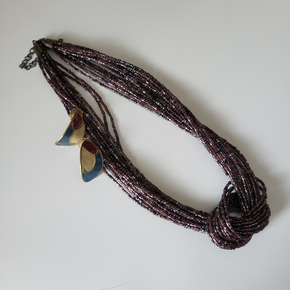 Purple Multistrand Knotted Seed Bead Necklace and Vintage Enamel Earrings - Picture 10 of 16